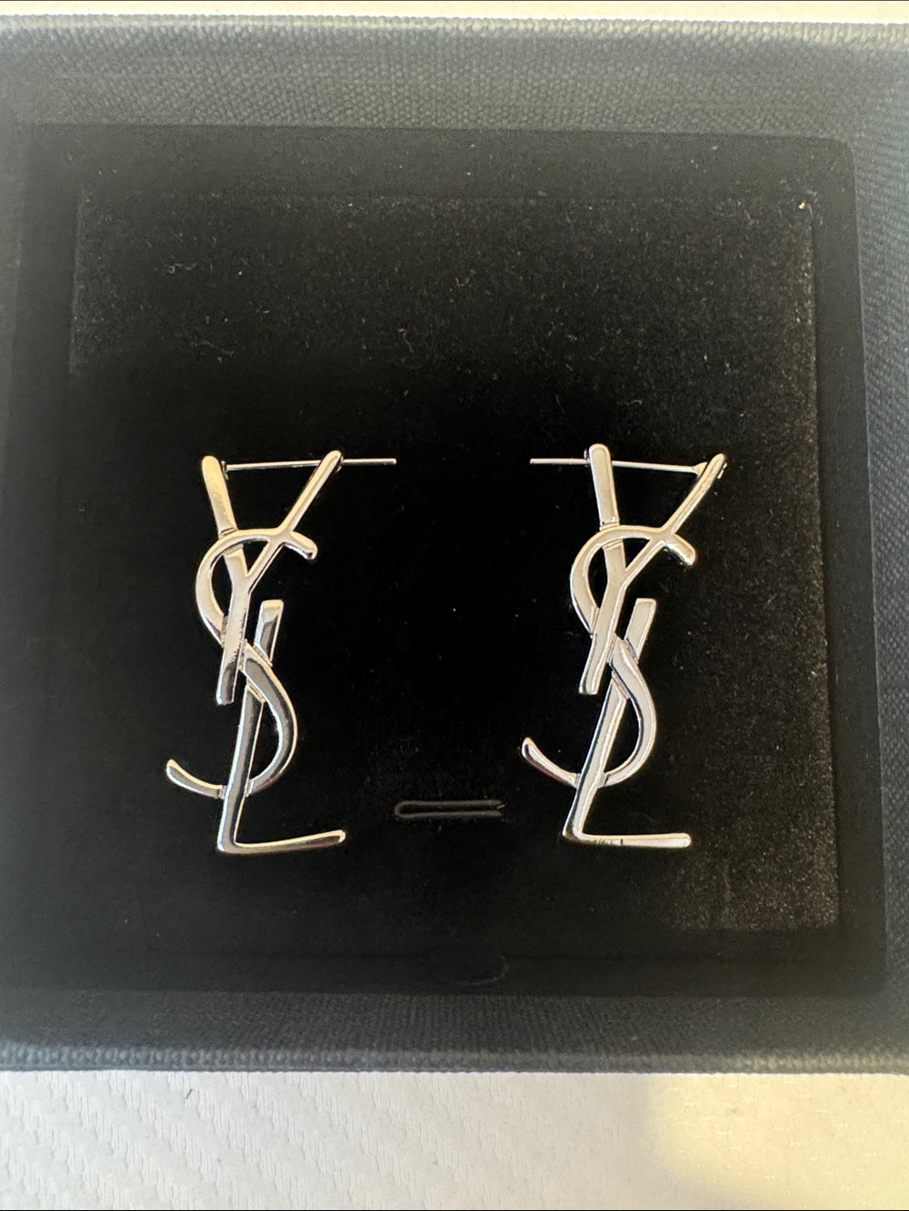 Yves Saint Lauren t -Inspired Silver Logo Drop Earrings